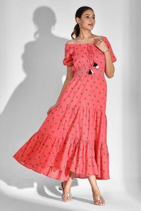 printed off shoulder rayon women's calf length dress - pink