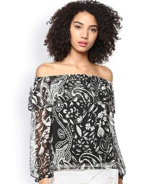 printed off-shoulder top with overlay