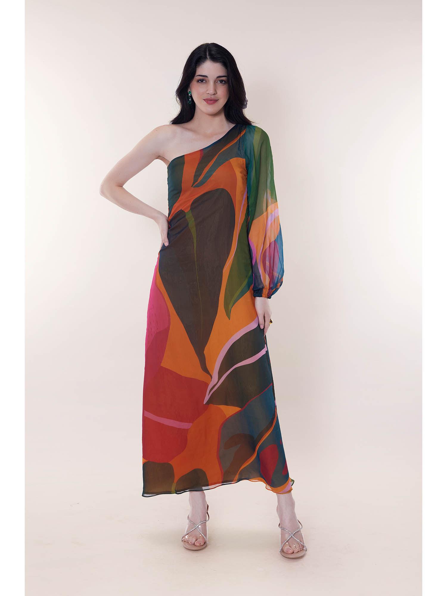 printed one shoulder maxi dress