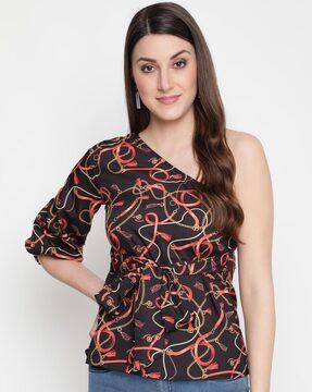 printed one-shoulder top with tie-up front