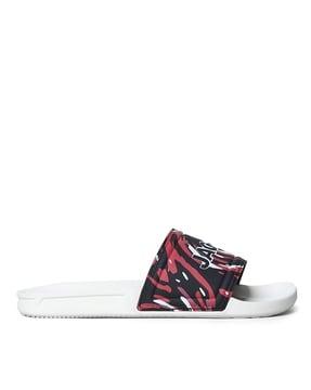 printed open-toe slip-on slides