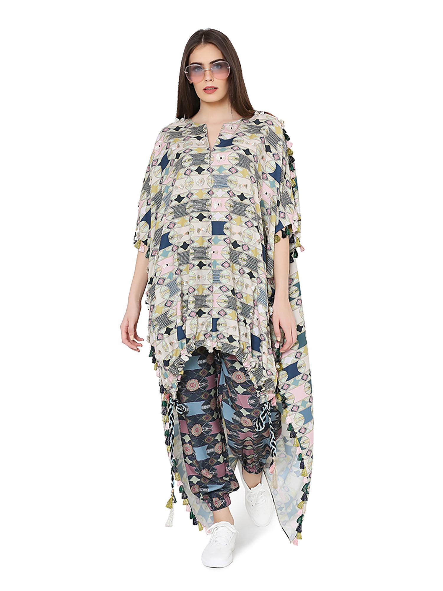 printed oversized high-low kaftaan top with jogger pant (set of 2)