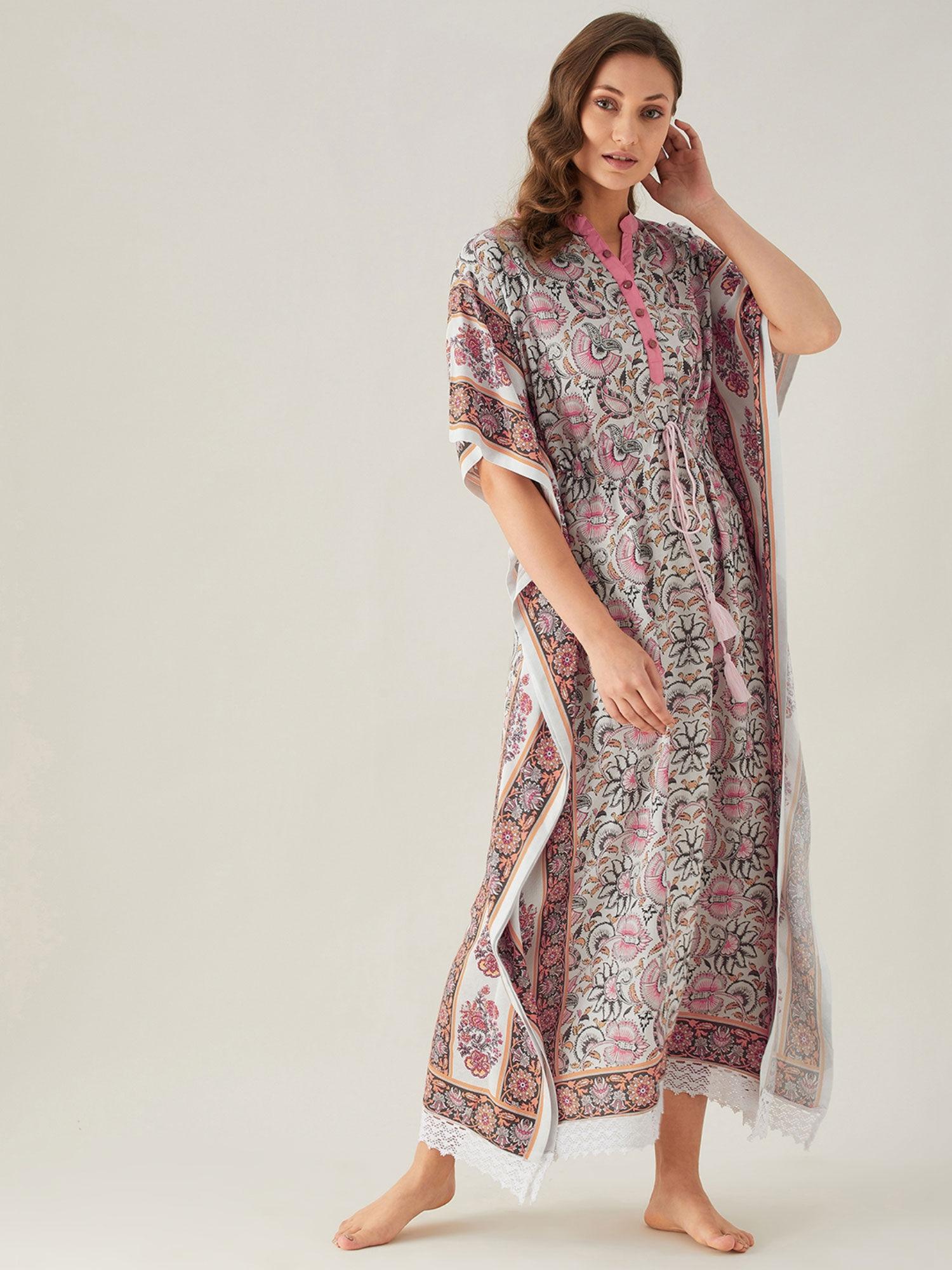 printed paste line block and border maxi kaftan - pink