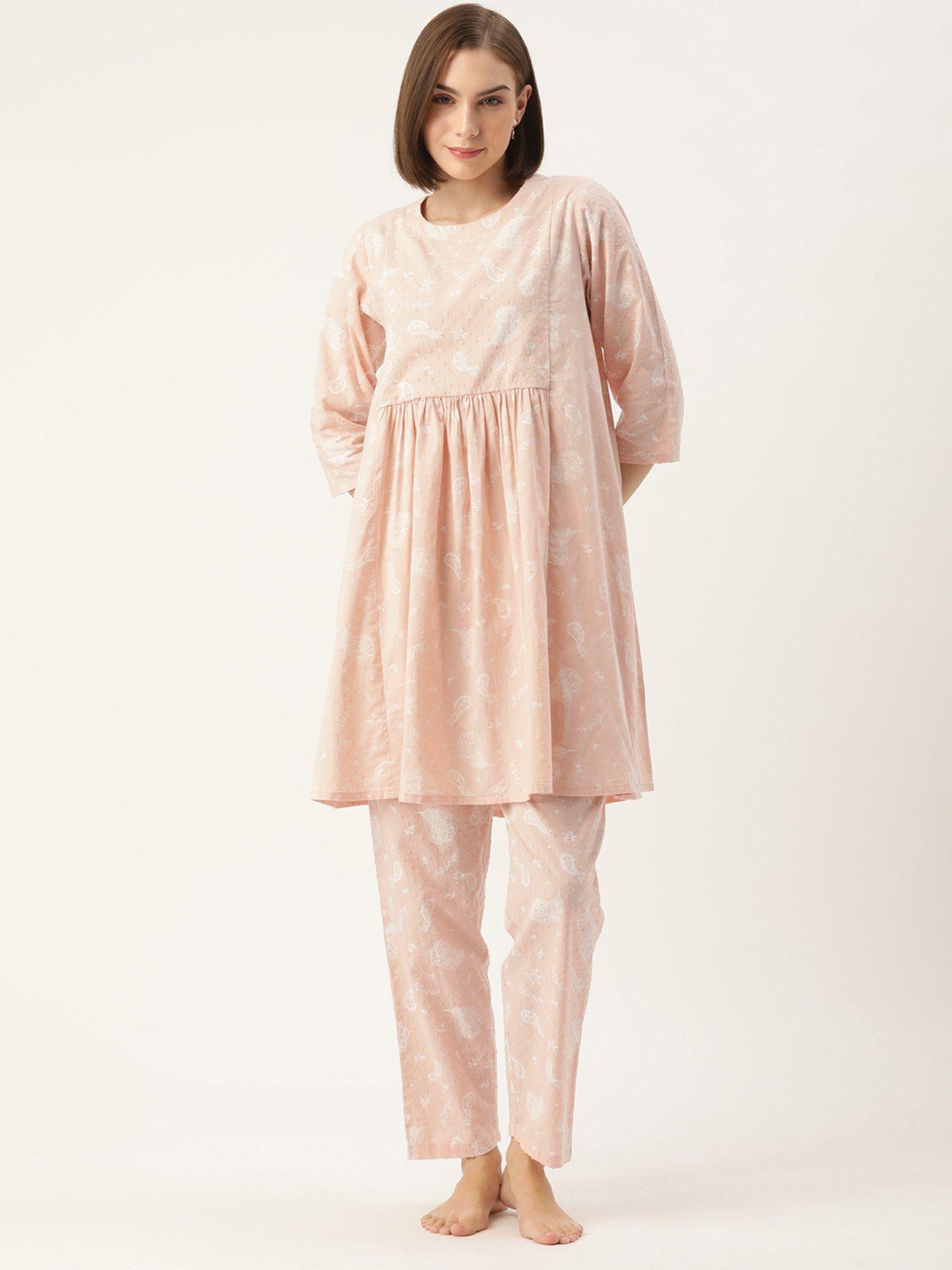 printed peach kurti and pyjama (set of 2)