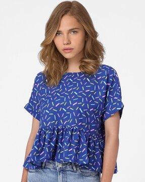 printed peplum top with turn-up sleeves