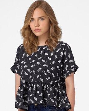 printed peplum top with turn-up sleeves