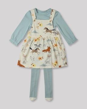 printed pinafore with bodysuit & tights