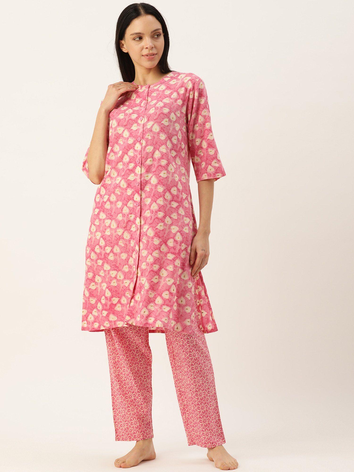 printed pink kurta & pyjama (set of 2)