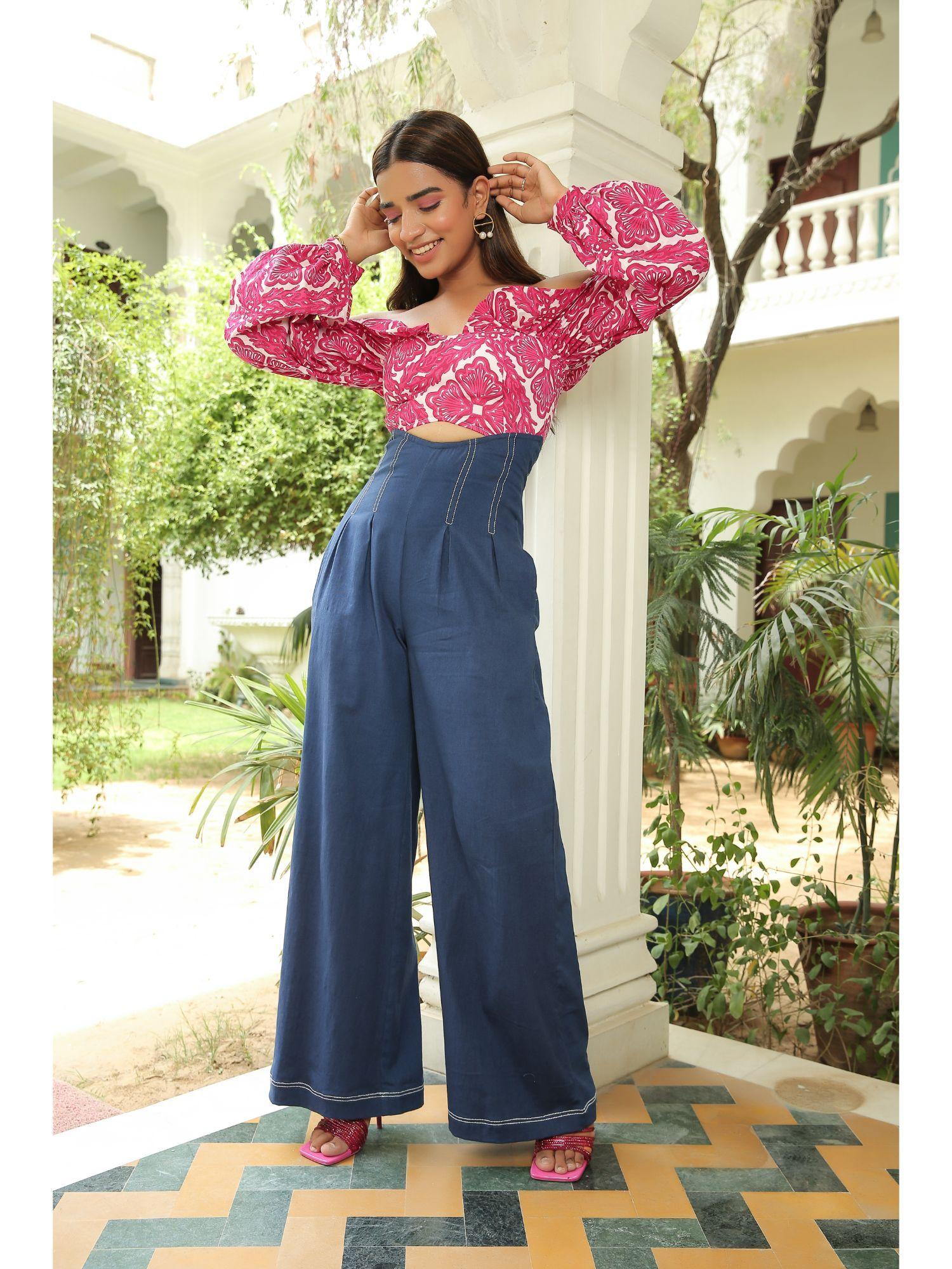 printed pink yarrow ruffled off shoulder denim jumpsuit