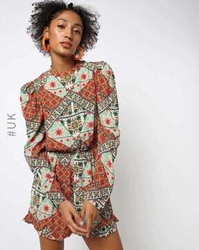 printed playsuit with puff sleeves