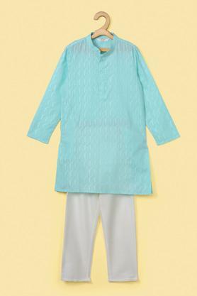 printed poly blend mandarin collar boy's kurta pyjama set - blue