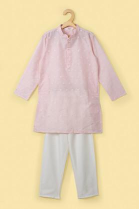 printed poly blend mandarin collar boy's kurta pyjama set - pink