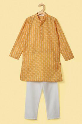 printed poly blend mandarin collar boy's kurta pyjama set - yellow