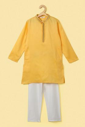 printed poly blend mandarin collar boy's kurta pyjama set - yellow