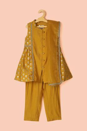 printed poly blend mandarin collar boy's kurta pyjama set - yellow