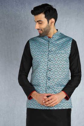 printed poly blend regular fit men's nehru jacket - blue