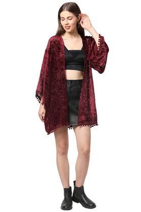 printed poly chiffon 3/4th sleeves women's kimono - maroon