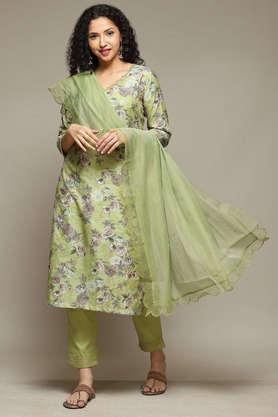 printed poly cotton round neck women's kurta trouser dupatta set - green