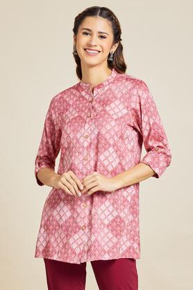 printed poly rayon mandarin women's casual wear tunic - maroon