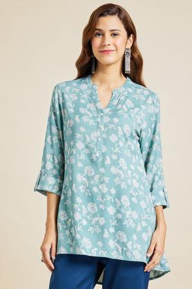 printed poly rayon mandarin women's casual wear tunic - sage