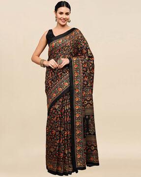 printed poly silk saree with unstitched blouse piece