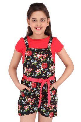 printed polyester & cotton round neck girls dress - red