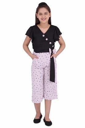 printed polyester & georgette v-neck girls casual jumpsuit - black