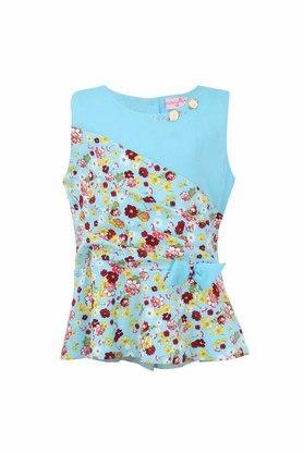 printed polyester & organza round neck girls top - blue