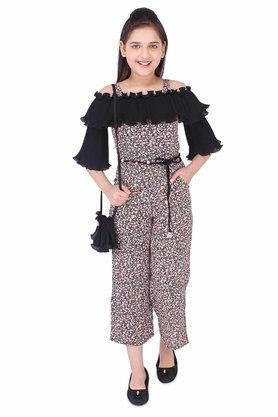 printed polyester and georgette square neck girls casual wear jumpsuits - black