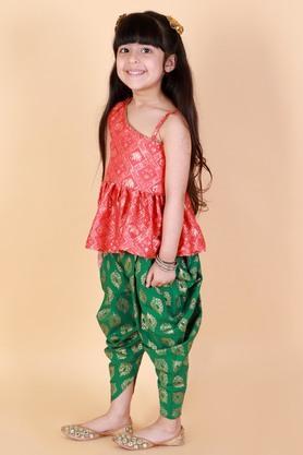 printed polyester asymmetric girls kurta dhoti set - orange