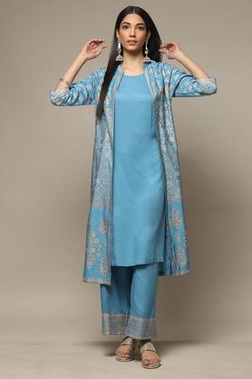 printed polyester blend collar neck women's kurta pant set - ink blue