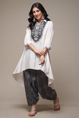 printed polyester blend collar neck women's kurta pant set - marble