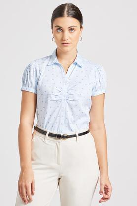 printed polyester blend collar neck women's shirt - blue