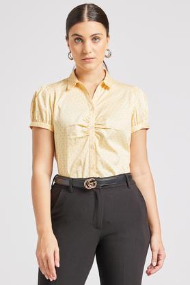 printed polyester blend collar neck women's shirt - yellow