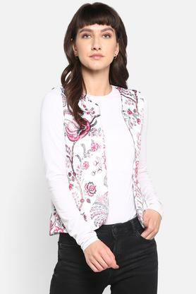printed polyester blend regular fit women's casual jacket - white