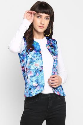 printed polyester blend regular fit women's jacket - blue