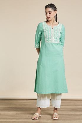 printed polyester blend round neck women's kurta - green