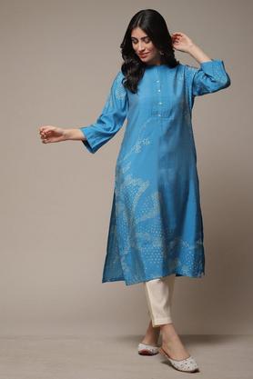 printed polyester blend round neck women's kurta pant set - blue