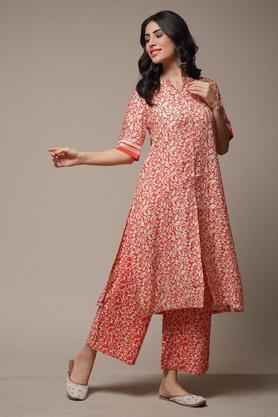 printed polyester blend round neck women's kurta pant set - coral