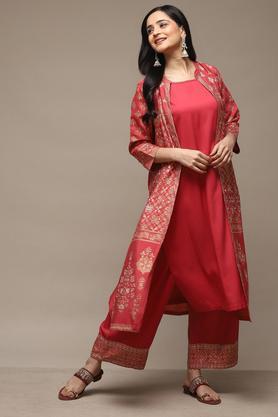 printed polyester blend round neck women's kurta pant set - pink