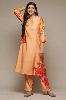 printed polyester blend v neck women's kurta palazzo set - salmon