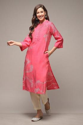 printed polyester blend v neck women's kurta pant set - fuschia