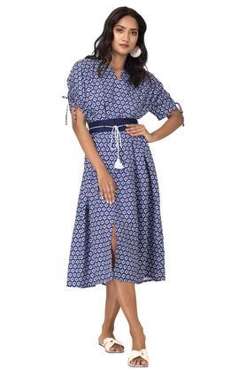 printed polyester boat neck women's midi dress - blue