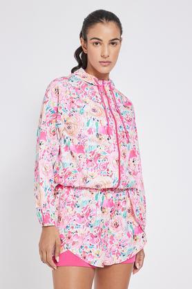 printed polyester collar neck women's jacket - pink