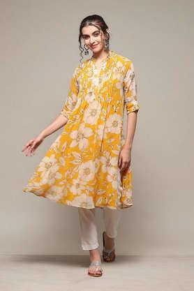 printed polyester collar neck women's kurta - yellow