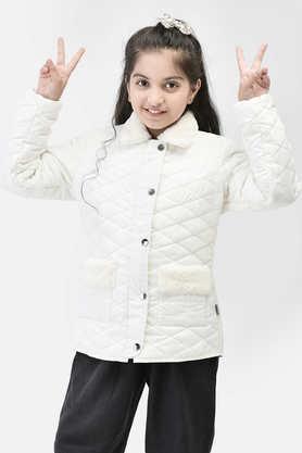 printed polyester collared girls jacket - white