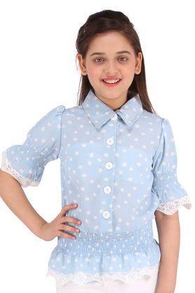printed polyester collared neck girls top - blue