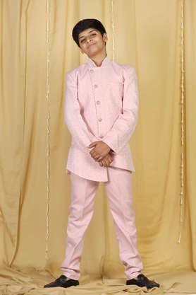 printed polyester cotton collar neck boys sherwani set - pink