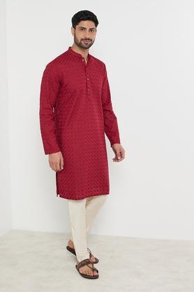 printed polyester cotton slim fit men's long kurta - maroon
