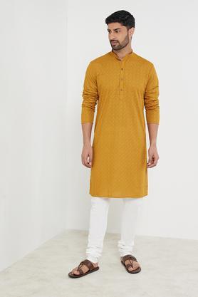 printed polyester cotton slim fit men's long kurta - mustard